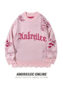 ANDREILEE 男士秋冬新款高街做旧流苏毛衣，男女通用圆领套头衫 - 粉色 - 查看 1