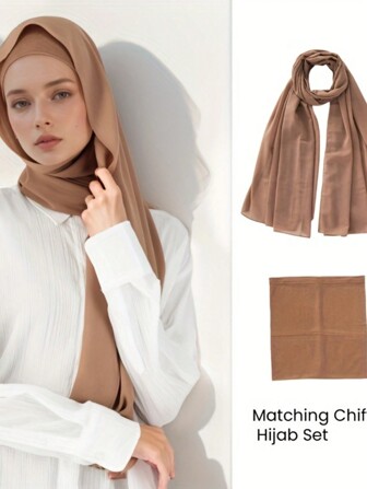 2pcs/Set Polyester Solid Color Breathable Elastic Bucket Hat & Matching Chiffon Pearl Scarf Head Wrap, 4-Seasons