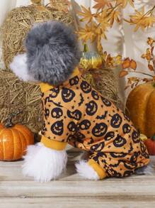 1 Stück Kürbis-, Fledermaus- und Totenkopf-bedruckter Einteiler für Hunde und Katzen, geeignet für drinnen und Outdoor