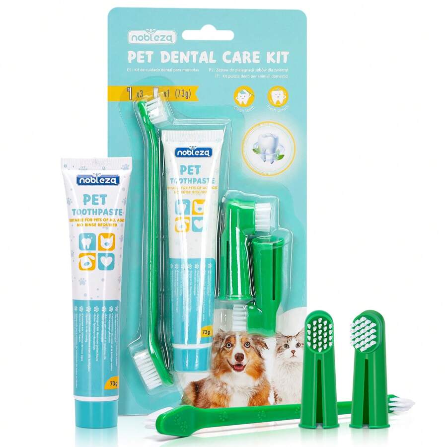 Nobleza - Set Higiene Dental para Perros, Dientes Perro para la Limpieza y el Cuidado Dental de los Perros, Previene la Placa y sarro, Crema Dental para Perros 73 g, Con Tres Cepillos de Dientes - Verde - Ver 1