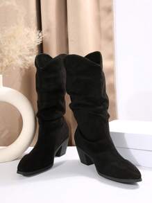 New Autumn/Winter Vintage Western Mid-Calf Boots, Pointed Toe Chunky Heel Cowgirl Short Boots,Women Boots