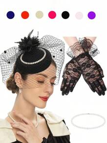 1 套女士经典时尚人造珍珠项链、蕾丝手套、发夹、迷你帽子和羽毛配饰装饰套装，多色可选，婚礼、派对、拍照、万圣节、圣诞节、生日礼物必备成年女性服装 - 彩色 - 查看 22