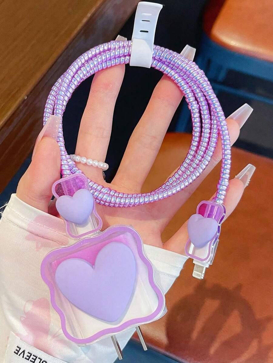 Cute Purple Heart Decoration Data Cable Protection Set Compatible With IPhone 18/20W Charger Protection Case Data Cable Protection Rope Bite Device Cable Protector, Charger Protector