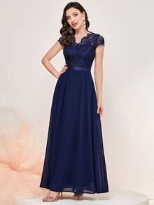 MIUSOL Đầm maxi chiffon tay ngắn ren hoa thanh lịch, thích hợp cho tiệc tối. - Màu xanh hải quân - Xem 6