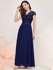 MIUSOL Đầm maxi chiffon tay ngắn ren hoa thanh lịch, thích hợp cho tiệc tối. - Màu xanh hải quân - Xem 7