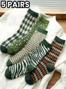 5 双女士多色个性丝袜，复古格子袜子，适合女性日常穿着休闲袜 - 彩色 - 查看 1