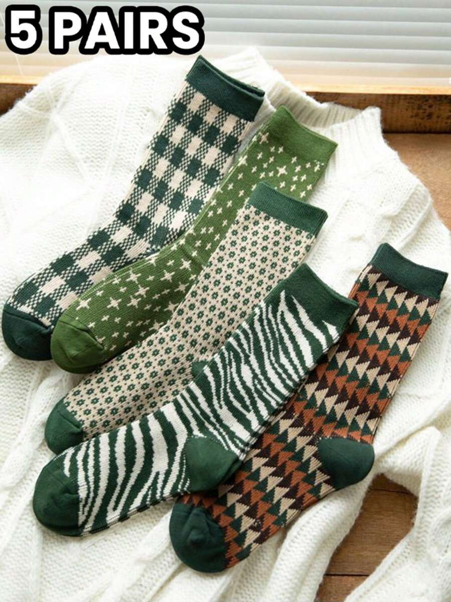5 双女士多色个性丝袜，复古格子袜子，适合女性日常穿着休闲袜 - 彩色 - 查看 1