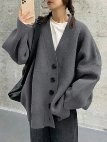 Women's Minimalist V-Neck Sweater Cardigan, Versatile For Autumn/Winter - Light Grey - View 5