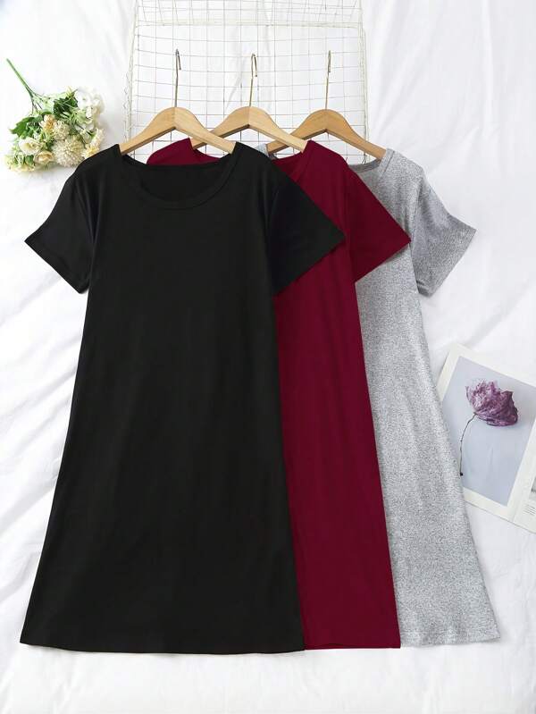 3 Pieces Simple Solid Color Nightgown Set, Short Sleeve Crew Neck Pajama Dress, Women's Nightgown And Dress, Vacation