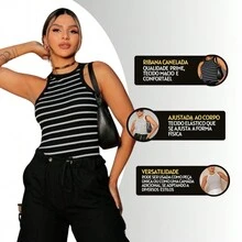 Black And White American Ribbed Striped Tank Top - 黑色 - 查看 4