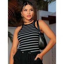 Black And White American Ribbed Striped Tank Top - 黑色 - 查看 2