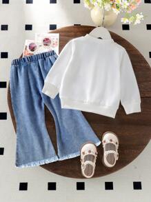 Set van 2 stuks babymeisjes, casual schattig bloemenpatroon, sweatshirt met lange mouwen + dunne spijkerbroek, lente en herfst
