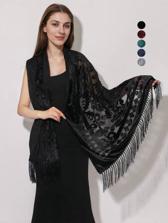 1 pieza Bufanda de encaje hecha a mano con flor de terciopelo y borla, elegante y de moda, chal cálido para todo el año para fiesta o banquete