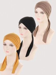 1pc Solid Color Linen Crystal Stripe Long Tail Turban Hat, Cancer Headscarf For Women Halloween - A - View 1