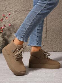 女式纯色秋季系带厚底短靴，户外休闲实用鞋，翻领踝靴，粗花边和金属扣装饰，女靴 - 紫紅色 - 查看 4