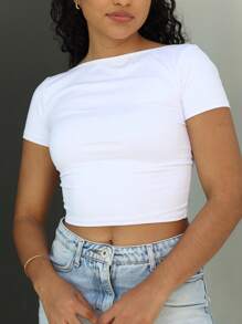 Women's Cropped Open Back Short Blouse Baby Tee Suplex Basic Casual - 白色 - 查看 3