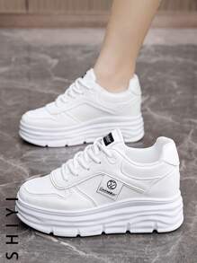 Women's White Casual Shoes, Sports Shoes, 2024 Spring/Summer Autumn New Style, Outdoor Thick Sole, Height Increasing, Fashionable And Versatile Vacation Style, Student Outdoor Hiking, Mesh Breathable Skateboard Shoes, Flat Chunky Sneakers, Lightweight Women's Shoes - White - View 6