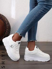 Women's White Casual Shoes, Sports Shoes, 2024 Spring/Summer Autumn New Style, Outdoor Thick Sole, Height Increasing, Fashionable And Versatile Vacation Style, Student Outdoor Hiking, Mesh Breathable Skateboard Shoes, Flat Chunky Sneakers, Lightweight Women's Shoes - White - View 9