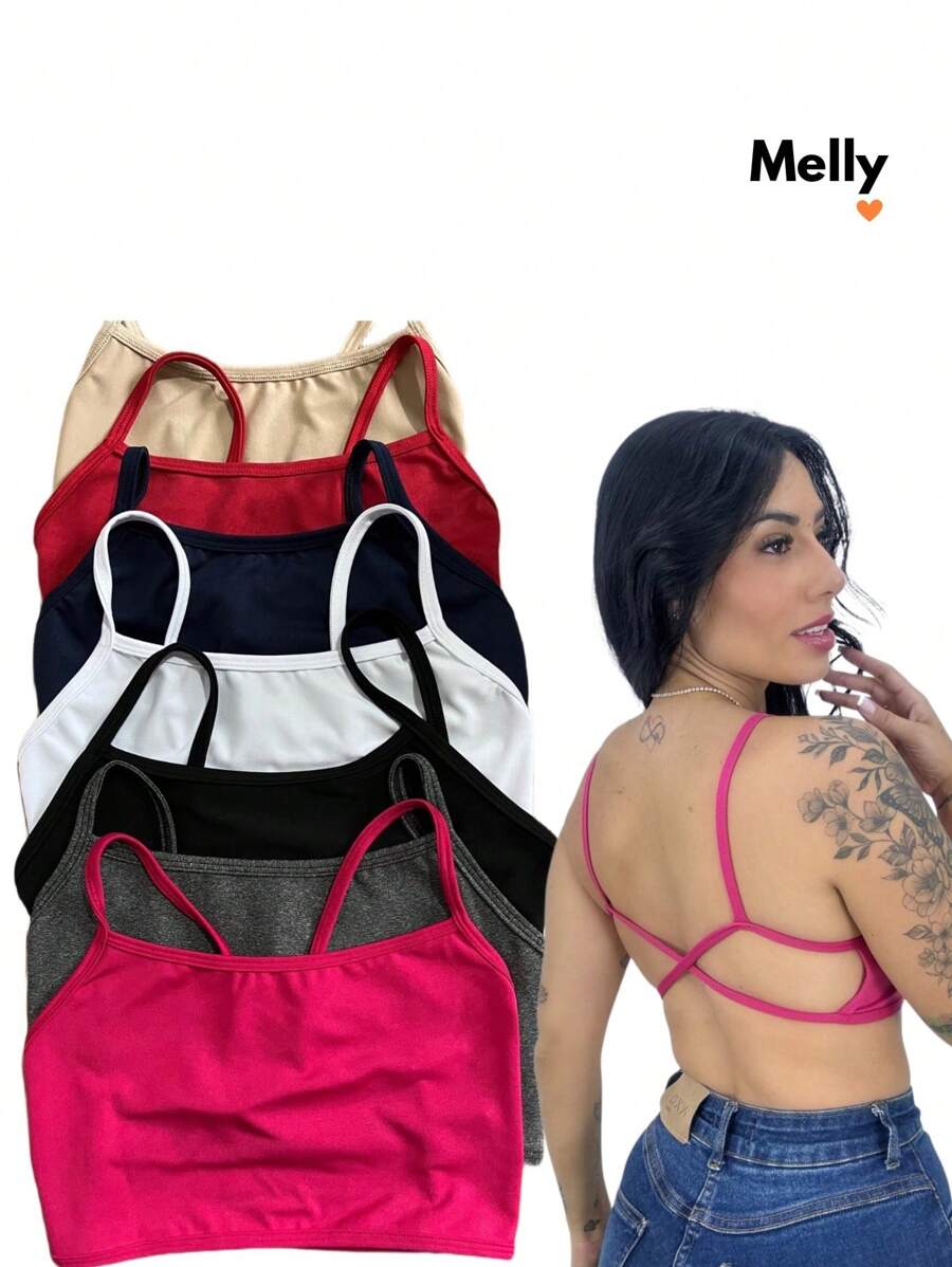 Melly 5-Piece Set Of Fashionable, Cross-Over Tops, Fitness And Casual Basics Without Padding - Black - View 1