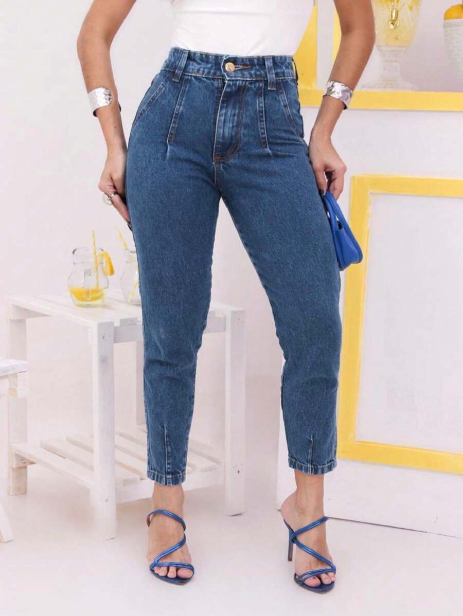 WOMEN'S PLAIN MOM JEANS - Rửa tối - Xem 1