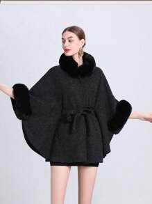 1pc Women's Elegant Knitted Shawl & Cape Coat With Collar & Belt, Suitable For Spring, Summer, Autumn, And Winter - Light Grey - View 1