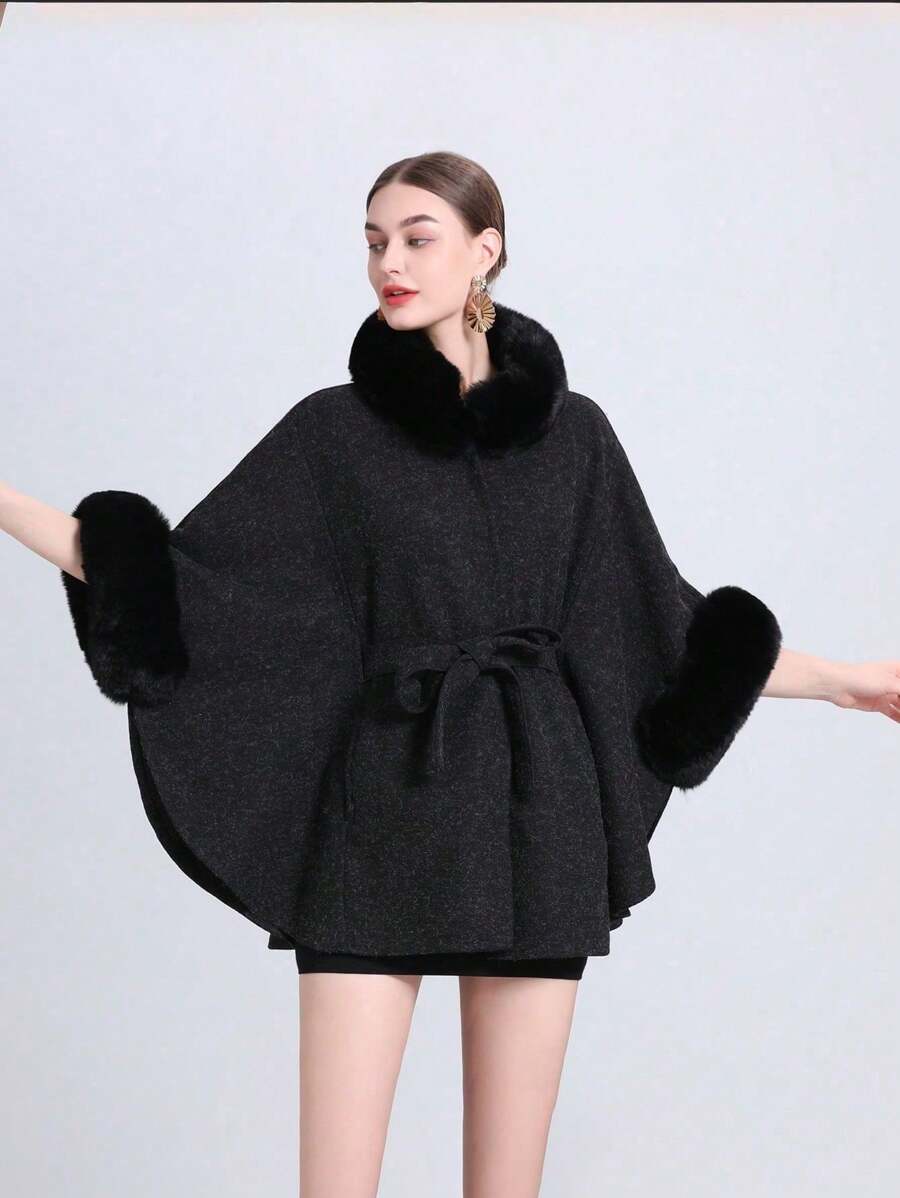1pc Women's Elegant Knitted Shawl & Cape Coat With Collar & Belt, Suitable For Spring, Summer, Autumn, And Winter - Light Grey - View 1