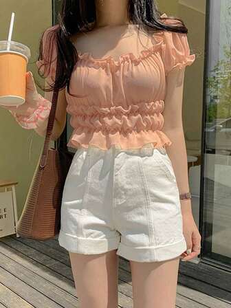 百搭露肩女式荷叶边褶皱设计衬衫