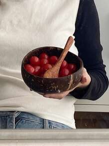 1 Set (Coconut Bowl + Spoon) Coconut Shell Bowl, Retro Round Bowl, Coconut Shell Spoon, Suitable For Serving Smoothies, Desserts, Etc. Can Be Used For Catering, School Supplies. Coconut Shell Spoon, Christmas Gift - Coconut Shell - View 3