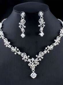 3PCS Golden Party Element Necklace Earrings Set Cubic Zirconia Studs Alloy Chain Bridal Wedding Dress Accessories - Multicolor - View 6