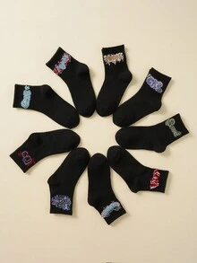 9 双/套男女通用儿童纯色字母印花柔软舒适中筒袜 - 黑色 - 查看 4