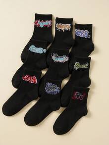 9 双/套男女通用儿童纯色字母印花柔软舒适中筒袜 - 黑色 - 查看 2