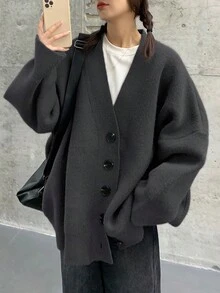 女式简约V领毛衣开衫，百搭秋冬 - 深灰色 - 查看 5