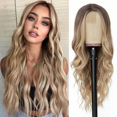 BigTrse 26 Inch Women Long Ombre Golden Wavy Wig, Middle Part Curly, Natural Looking, Made Of Heat-Resistant Synthetic Fiber, Suitable For Daily Wear And Parties