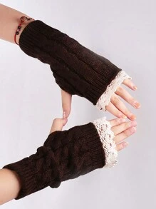 1pair Fabric Hollow Floral Lace Twist Fingerless Knitted Gloves For Women Valentine's Day Valentines