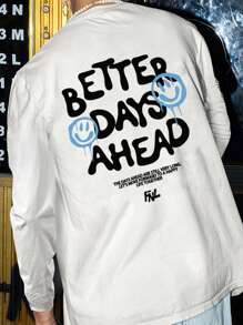 男士休闲街头艺术印花圆领长袖 T 恤，日常穿着 - 白色 - 查看 1