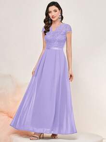 MIUSOL Elegant Floral Lace Cap Sleeve Chiffon Evening Party Maxi Dress Summer - Mauve Purple - View 4