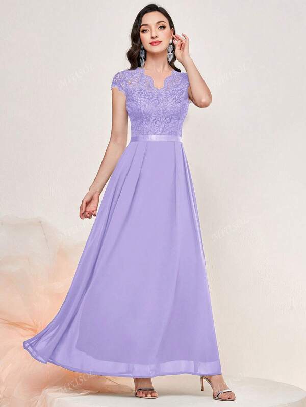 MIUSOL Elegant Floral Lace Cap Sleeve Chiffon Evening Party Dress Formal Prom Wedding Guest Gown, For Graduation, Dinner
