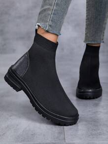 女士黑色软底防滑靴，圆头系带短靴，秋冬季舒适休闲靴