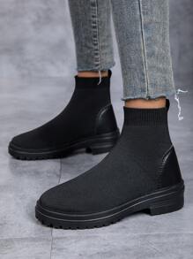 女士黑色软底防滑靴，圆头系带短靴，秋冬季舒适休闲靴