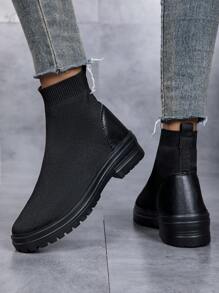 女士黑色软底防滑靴，圆头系带短靴，秋冬季舒适休闲靴