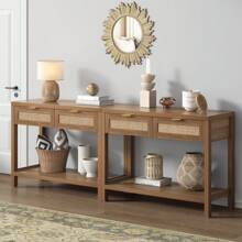 SICOTAS Rattan Console Table With Drawers, Wood Narrow Sofa Table Entryway Table For Hallway, Living Room - Oak - View 7