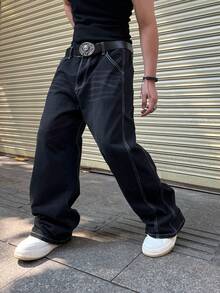 1 Piece Of American Retro Versatile Wide-Leg Casual Loose Jeans For Men - Black - View 5