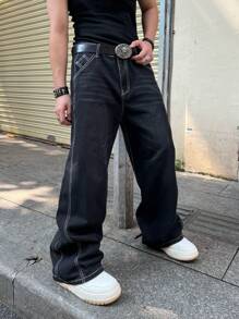 1 Piece Of American Retro Versatile Wide-Leg Casual Loose Jeans For Men - Black - View 1