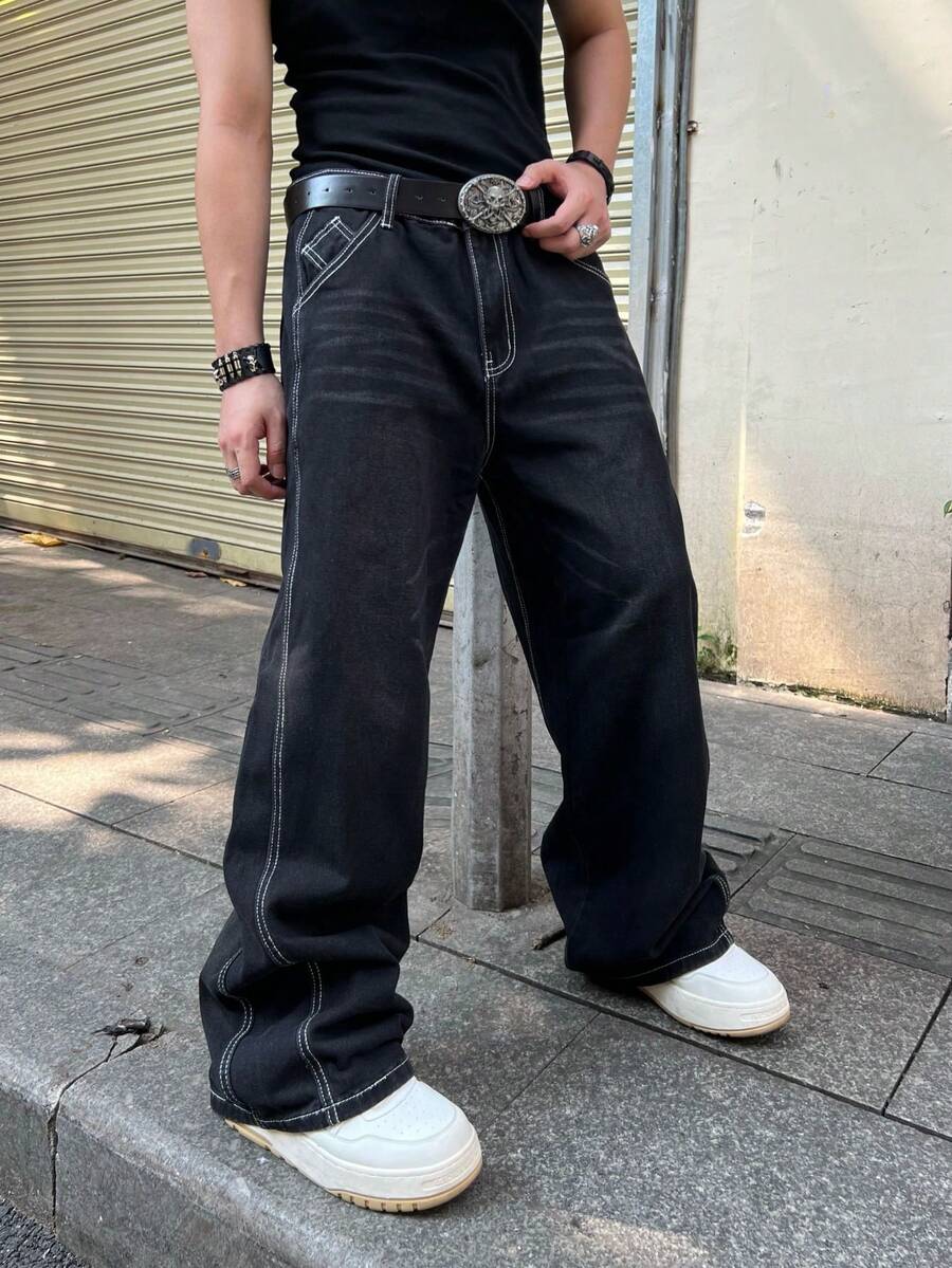 1 Piece Of American Retro Versatile Wide-Leg Casual Loose Jeans For Men - Black - View 1