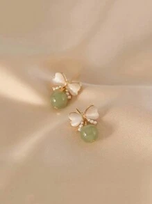1pair Bowknot & Cat's Eye Stone Stud Earrings Sweet & Chic Resin Pendant Ear Jewelry Elegant Halloween Valentine's Day