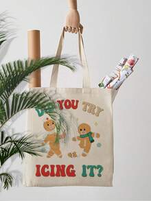 VOESETO 1 件趣味圣诞护士你试过涂糖霜图案手提包单肩包适合旅行日常通勤女士可重复使用的购物袋，送给她的最佳礼物，时尚折叠单肩包夏季海滩度假包 - 米色 - 查看 6