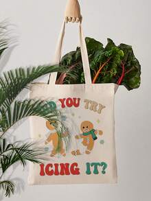 VOESETO 1 件趣味圣诞护士你试过涂糖霜图案手提包单肩包适合旅行日常通勤女士可重复使用的购物袋，送给她的最佳礼物，时尚折叠单肩包夏季海滩度假包 - 米色 - 查看 5