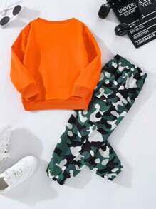 2 piezas Conjunto de sudadera estampada y pantalón cargo de camuflaje para niña, conjunto de moda