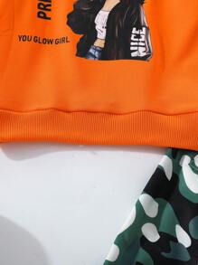 2 piezas Conjunto de sudadera estampada y pantalón cargo de camuflaje para niña, conjunto de moda