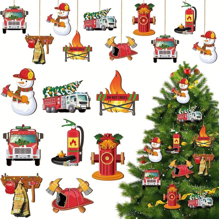 12/16 Pcs, Christmas Wooden Firefighter Series Decorations, Christmas